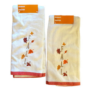 NEW Fall Kitchen Towels with Embroidery Cream with Orange Trim (Pack of 2)